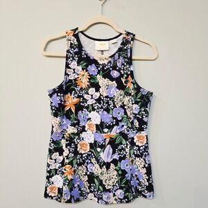 Maeve Anthropologie Floral Sleeveless Button Detail‎ Knit Top Small Black Purple